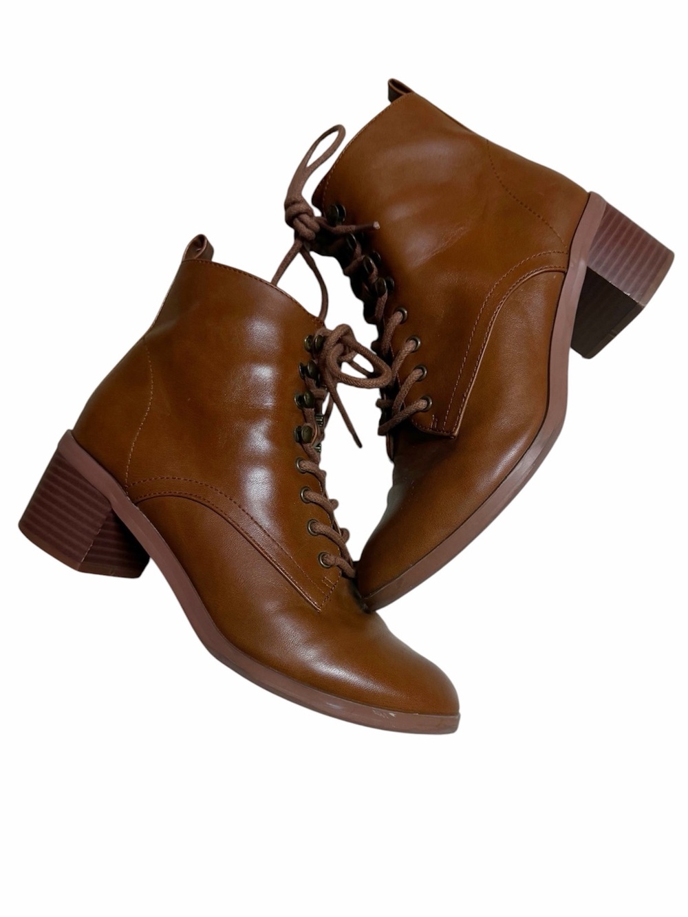 LOFT Brown Lace Up Vegan Leather Block Heel Boots Size 5.5 - Picture 3 of 8